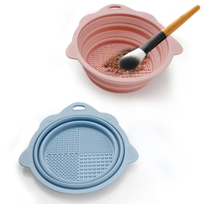 Multi-functional Silicone Makeup Brush Cleaning Bowl Powder Puff Beauty Washing Scrubber Pad with Folding Brush Holder