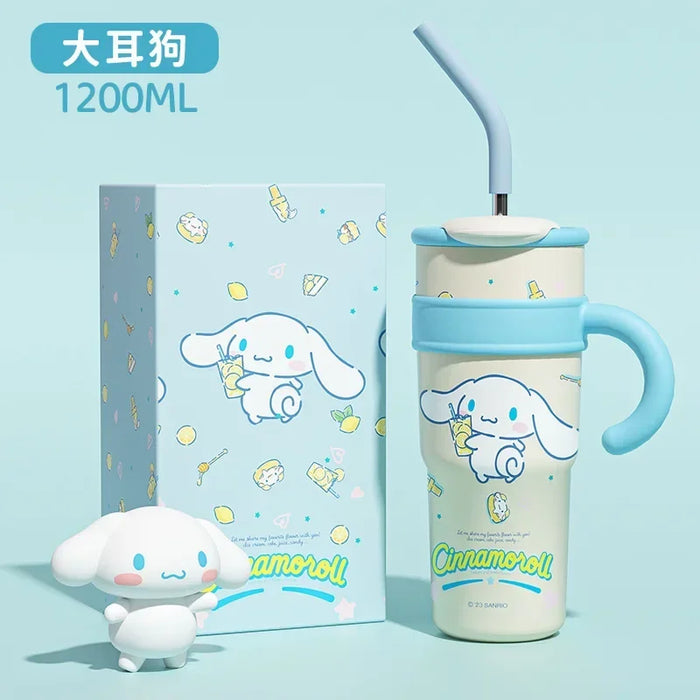 700/1200ml Sanrio Hello Kitty Cinnamoroll Thermos Cup Straw Cup with Handle Cartoon High Capacity Stainless Steel Water Cup Gift