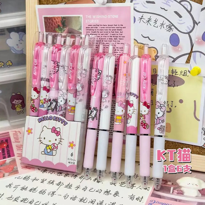 6Pcs Sanrio Gel Pen Hello Kitty Cartoon Kuromi ST Quick Drying Black 0.5mm Press The Ballpoint Pen Learning Stationery Gifts