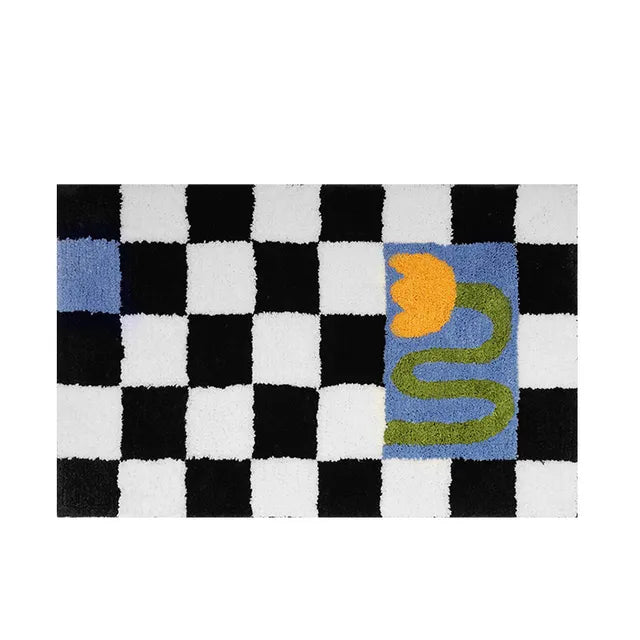 Retro Chessboard Plaid Bath Mats Fluffy Grids, Checkerboard Mat for Bathroom