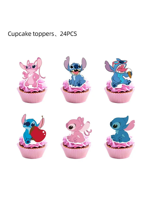 Disney Pink Interstellar Stitch Angel Birthday Party Decoration Flag Pulling Balloon Cake Flag Insertion Spiral Set Supplies