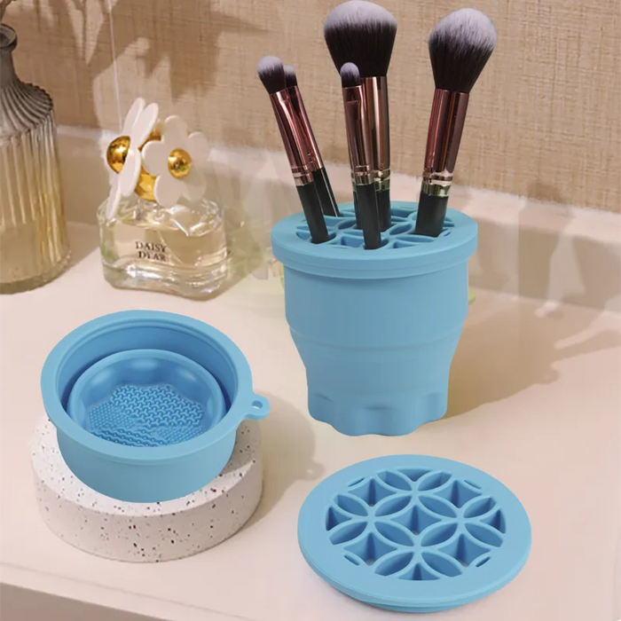 Multi-functional Silicone Makeup Brush Cleaning Bowl Powder Puff Beauty Washing Scrubber Pad with Folding Brush Holder