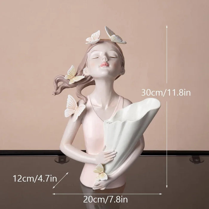 30cm Butterfly and Girl Vase Statue Handmade Modern Art Figurines Home Decoration Living Pink Room Interior Bedroom Decor Resin