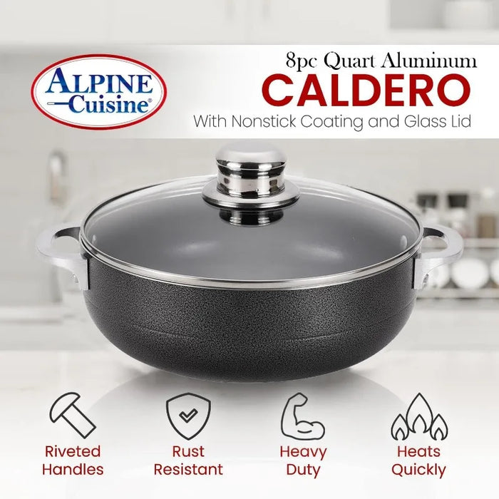 Alpine Cuisine 8 Piece Set Aluminum Non-Stick Caldero Stock Pot with Glass Lid, Commercial Grade Cooking Dutch Oven