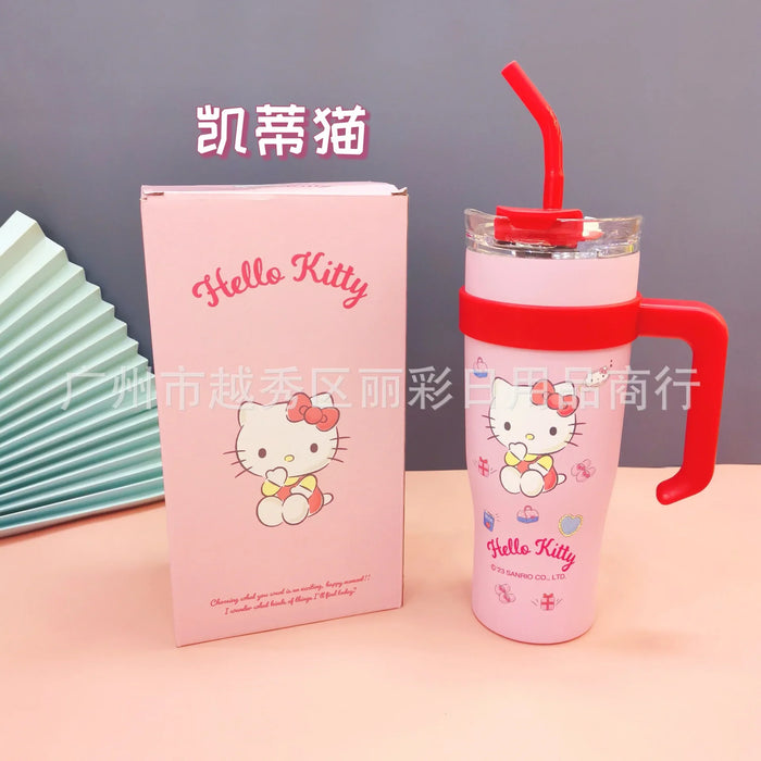 700/1200ml Sanrio Hello Kitty Cinnamoroll Thermos Cup Straw Cup with Handle Cartoon High Capacity Stainless Steel Water Cup Gift