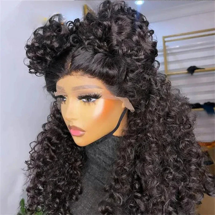 QW26"Long Black 180%Density Soft Kinky Curly Lace Front Wigs For Women Baby Hair Preplucked Daily Wear Glueless Synthetic Wigs