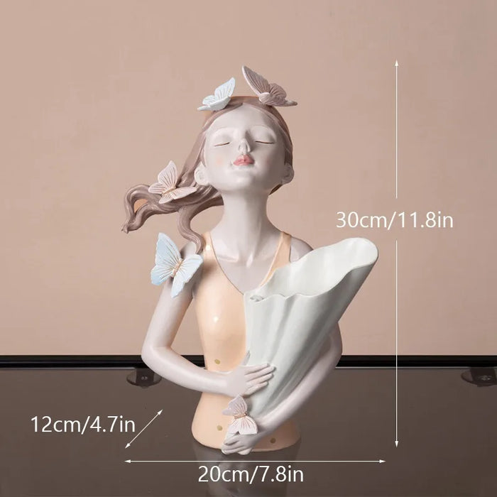 30cm Butterfly and Girl Vase Statue Handmade Modern Art Figurines Home Decoration Living Pink Room Interior Bedroom Decor Resin