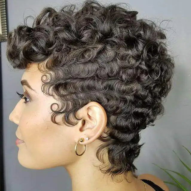 Short Afro Kinky Curly Wig with Bangs Synthetic African Glueless Fluffy Natural Grey Ombre Curly Pixie Cut Women's Party Wig