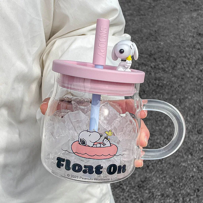 850ML Anime Snoopy Straw Cup with Handle Glass Cup Home Boiling Water Cup Women's Large Capacity Cup Straw Cute Coffee Milk Cup