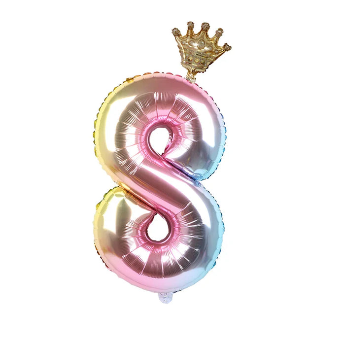 2pcs 32inch Rainbow Number Foil Balloons with Crown for Kids Boy Girl 1st Birthday Party Decorations Rose Gold Figures Globos