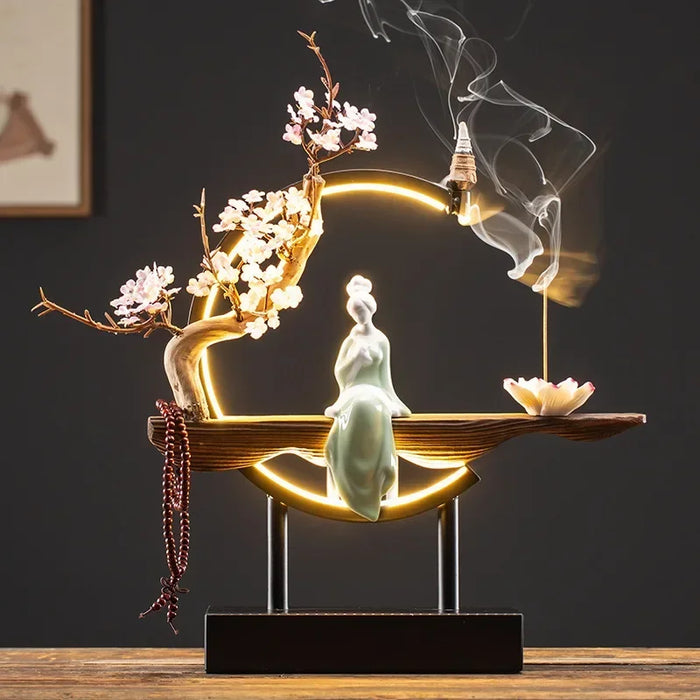 FY Chinese Style Backflow Incense Burner Plug-in LED Light with Iron Frame Incense Sticks Holder Big Size Home Decor Ornaments