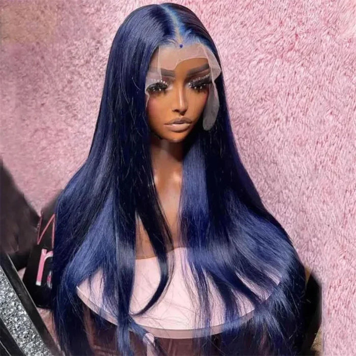 MXWIGS Dark Blue Color Soft Straight Synthetic 13X4 Lace Front Wig For Women Baby Hair 180%Density Glueless Preplucked  Cosplay