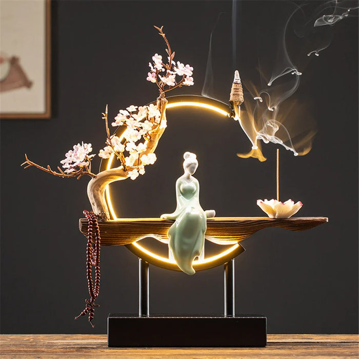 Ceramic Maid Wood Backflow Incense Burner with 20 cone USB Led Light Circle Lotus Buddha Beads Home Office Decoration Furnishing