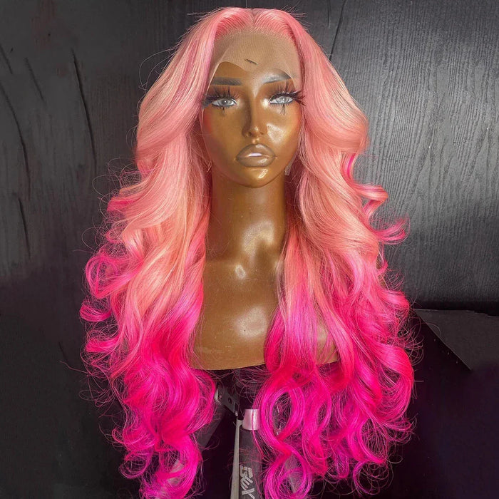 26Inch Ombre Pink Color Transparent Synthetic Lace Front Wig Drag Queen Loose Wave Highlight Cosplay Glueless Women's Lace Wigs