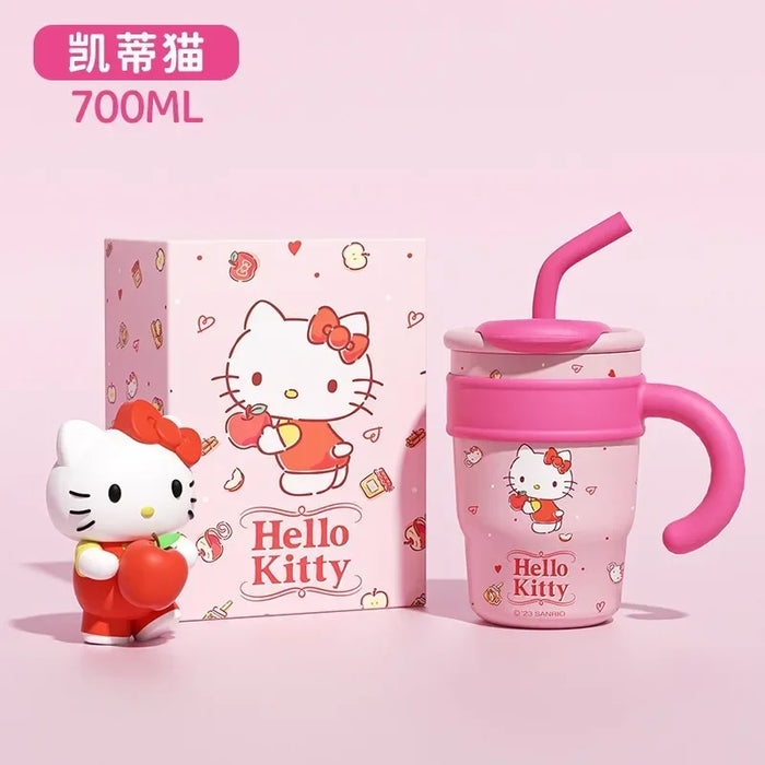 700/1200ml Sanrio Hello Kitty Cinnamoroll Thermos Cup Straw Cup with Handle Cartoon High Capacity Stainless Steel Water Cup Gift