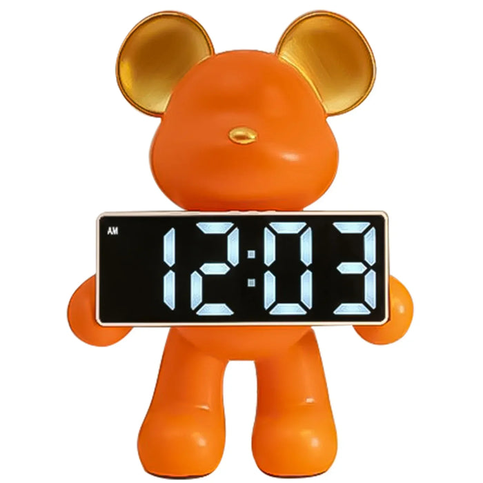 Creative Resin Miniature Bear Clock Figurines Table Ornament Bear Animal Model LED Alarm Battery/Plug-in Use for Home Decor