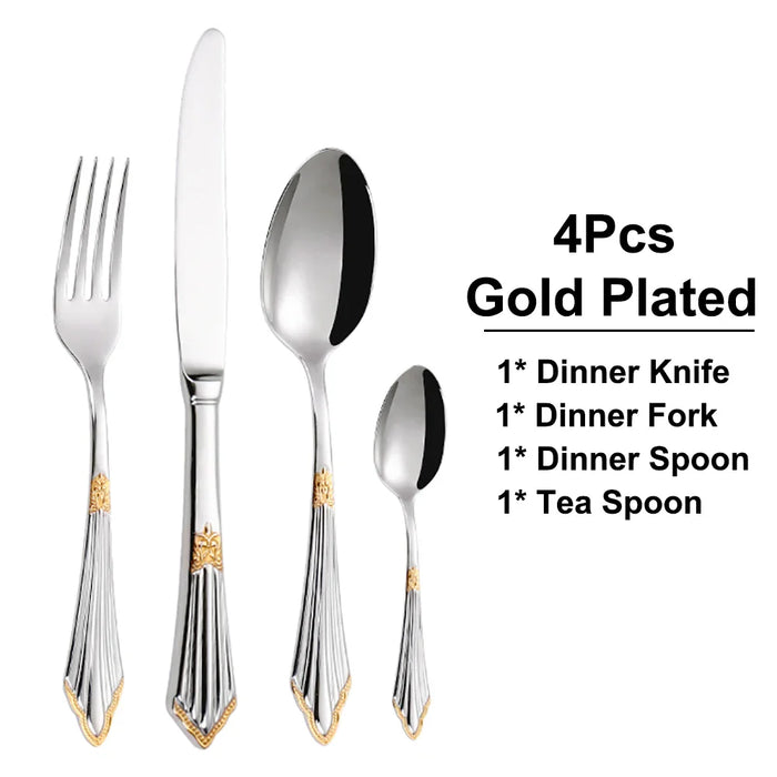 8/12/16/20/24Pcs Gold Plated Cutlery Stainless Steel Tableware Luxury Dinner Set Sliver Knife Fork Spoon Mirror Kitchen Utensils