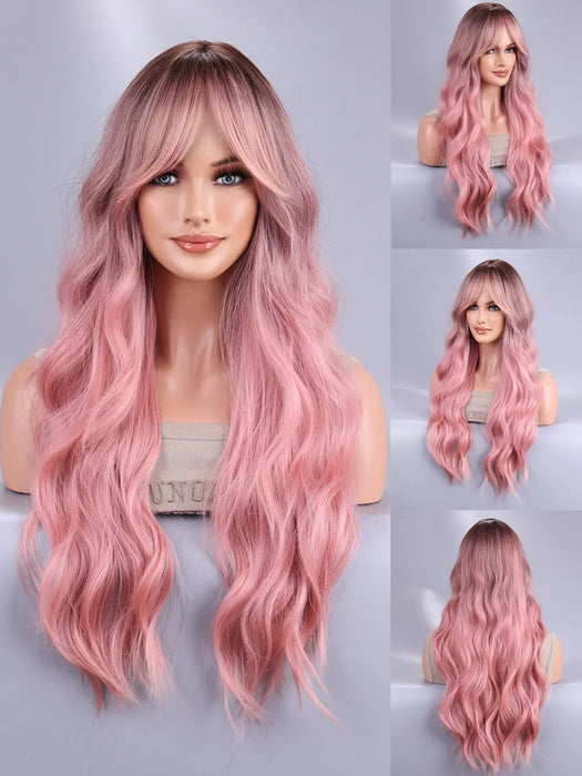 Long Body Wave Ombre Black Pink Cosplay Wigs Heat Resistant Synthetic Wigs Middle Part Natural Lolita Wigs For Women