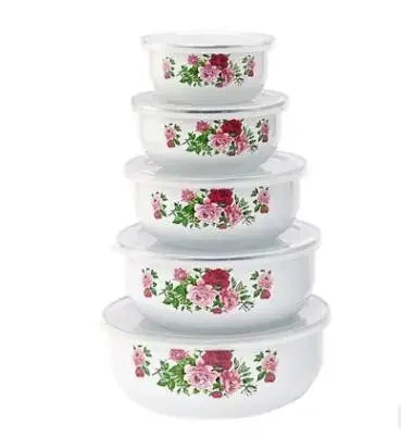 5Pcs/ enamel bowl Set Creative Flower Animal Enamel Bowls Salad Food Bowls with Plastic Covers for Home Kitchen ceramic bowl