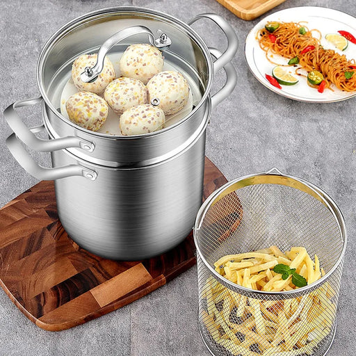 4 Pcs Stainless Steel Pasta Cooker Steamer Deep Fryer Pot 4 L Soup Pot With Steam Grid Fry Basket for Pasta Asparagus Cookware