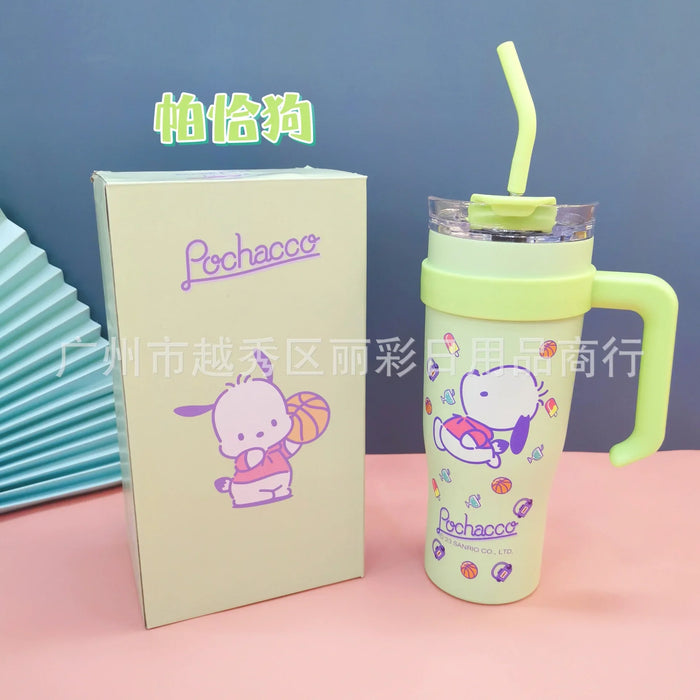 700/1200ml Sanrio Hello Kitty Cinnamoroll Thermos Cup Straw Cup with Handle Cartoon High Capacity Stainless Steel Water Cup Gift