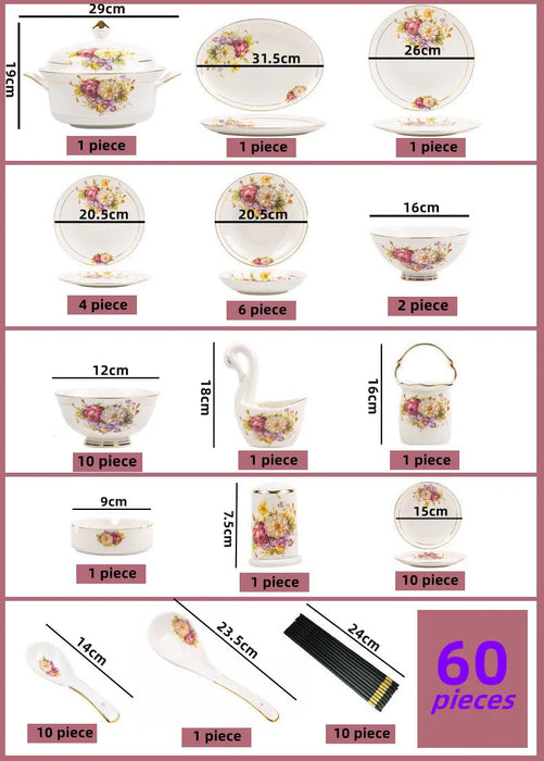 60pcs European Style Dinnerware Sets Luxury Bone China Tableware Sets Bowl Spoon Dinner Plate Set Kitchen Utensils Dinner Set