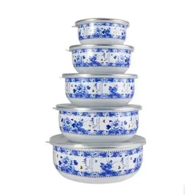 5Pcs/ enamel bowl Set Creative Flower Animal Enamel Bowls Salad Food Bowls with Plastic Covers for Home Kitchen ceramic bowl