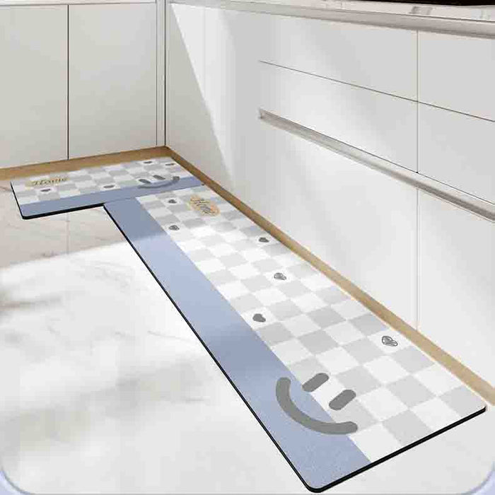 Feblilac Smiling Grey and Light Blue Checker Board PVC Leather Kitchen Mat