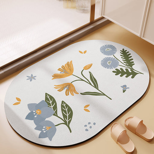 White Ground Colorful Floral Soft Diatomaceous Earth Bath Mat