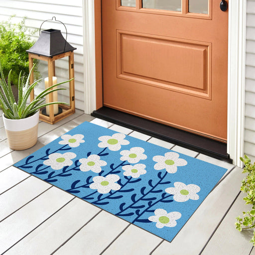 Feblilac White Flower and Blue Ground Door Mat, Country Style Flower Patio Welcome Doormat, Anti Skid PVC Coil Outdoor Mats, Front Mat for Home, Washable Entryway Doormat