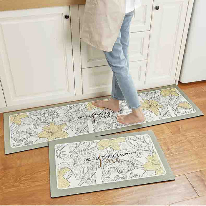 Feblilac Yellow and White Flower Garden Foral PVC Leather Kitchen Mat