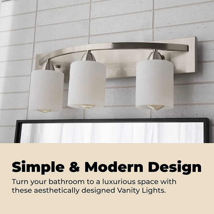 '- Bathroom Vanity Light Bar - Brushed Nickel, 3 Lights, E26 100W LED - Interior Bathroom Lights over Mirror - Contemporary Modern Glass Shade (Bulbs Not Included)