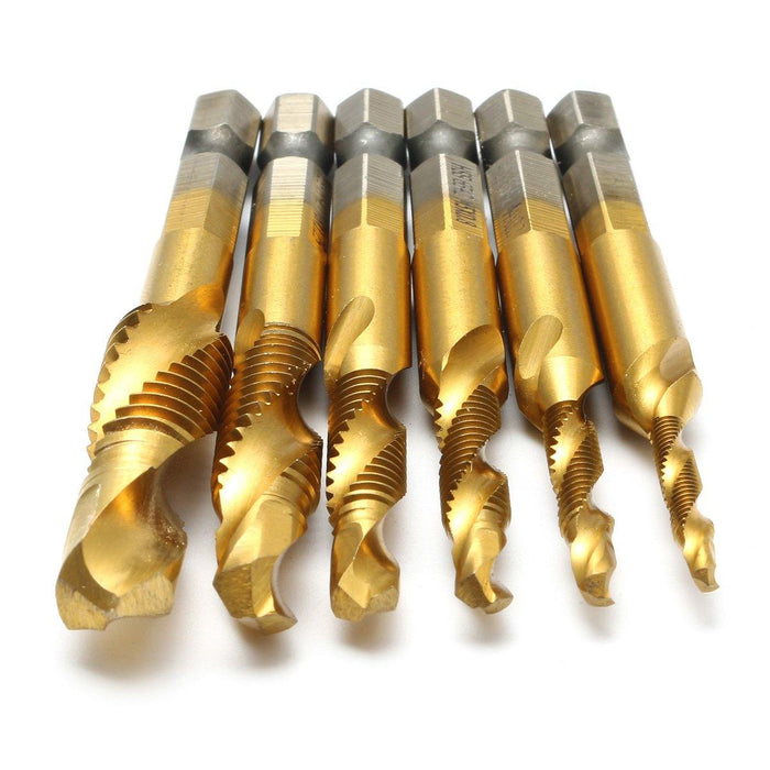 Drillpro 6pcs M3-M10 Hexagon Shank Drill Tap Bit Titanium Plated HSS 6542 Deburr Countersink Bits Screw Thread Metric Tap