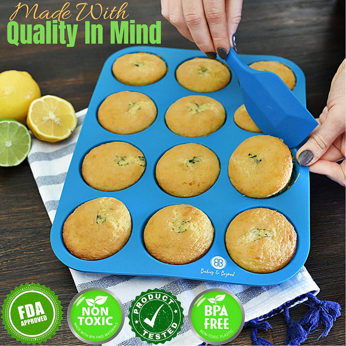 Premium Silicone Muffin Pan - Non Stick Silicone Cupcake Pan - 12 Cup Muffin Tray, 24 Cups Mini Cupcakes Pans - Silicon Muffin Molds - Silicone Baking Set - 2 Spatulas - Recipe E-Book