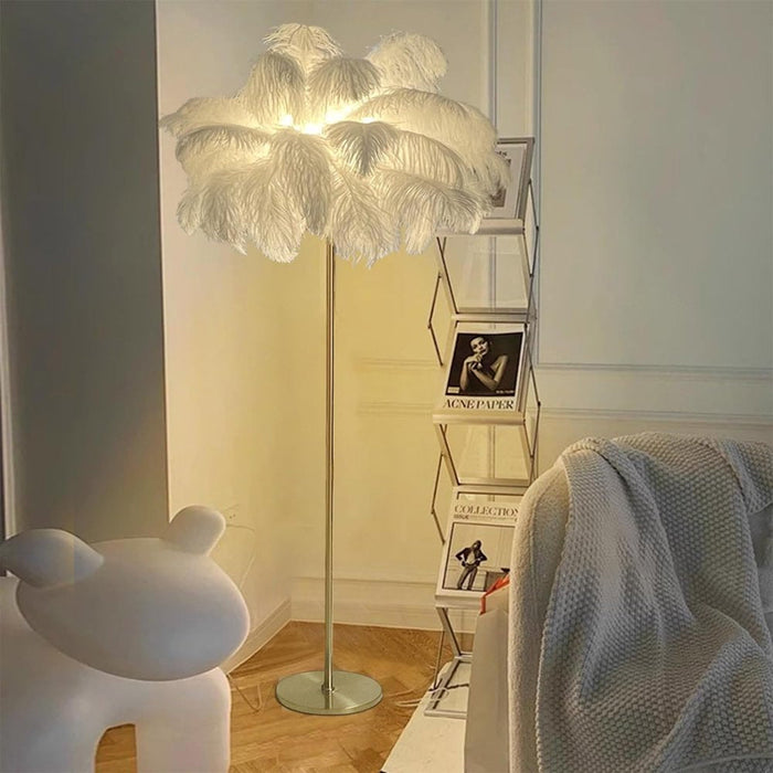 Feather Lamp Natural Ostrich Feather Floor Lamp 62.99Inch Tall Standing Lamp for Bedroom, Funky White Feather Light Gold Floor Lamps Girl Bedroom Living Room Lamp for Nightstand Elegant Decor