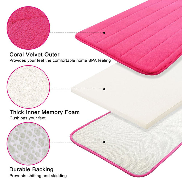 Memory Foam Bath Mat Set of 2, Absorbent Bathroom Rug and U-Shaped Toilet Floor Mat, Hot Pink