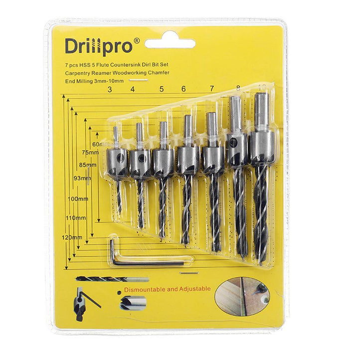 Drillpro 7pcs HSS 5 Flute Countersink Drill Bit Set Reamer Woodworking 3-10mm Chamfer Drill Bits