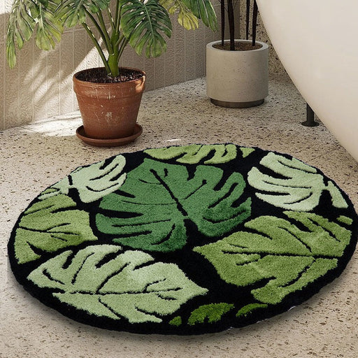 Feblilac Round Tropical Green Leaves Tufted Bath Mat, Monstera Leaf Area Rug