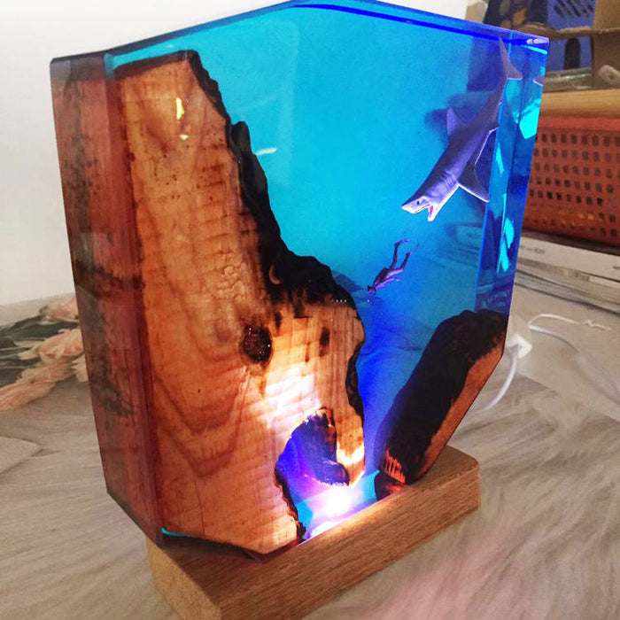 Epoxy Solid Wood Resin Shark Diving Small Night Lamp