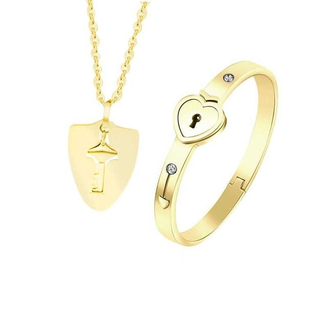 Stainless Steel Love Heart Lock Bangle Bracelet - Okeihouse