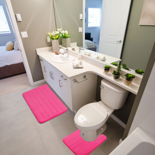 Memory Foam Bath Mat Set of 2, Absorbent Bathroom Rug and U-Shaped Toilet Floor Mat, Hot Pink