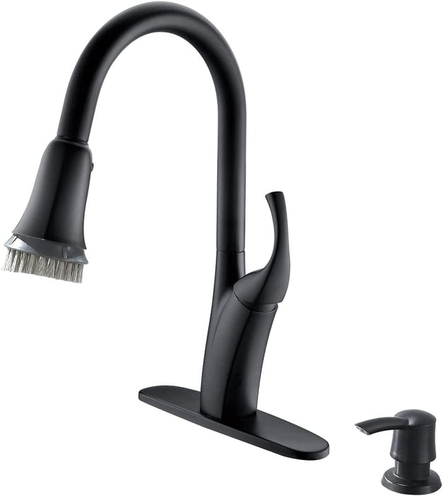 Black Kitchen Faucet with Soap Dispenser and Pull down Sprayer - Single Handle High Arc One Hole Pull Out Kitchen Faucets with Deck Plate Matte Black