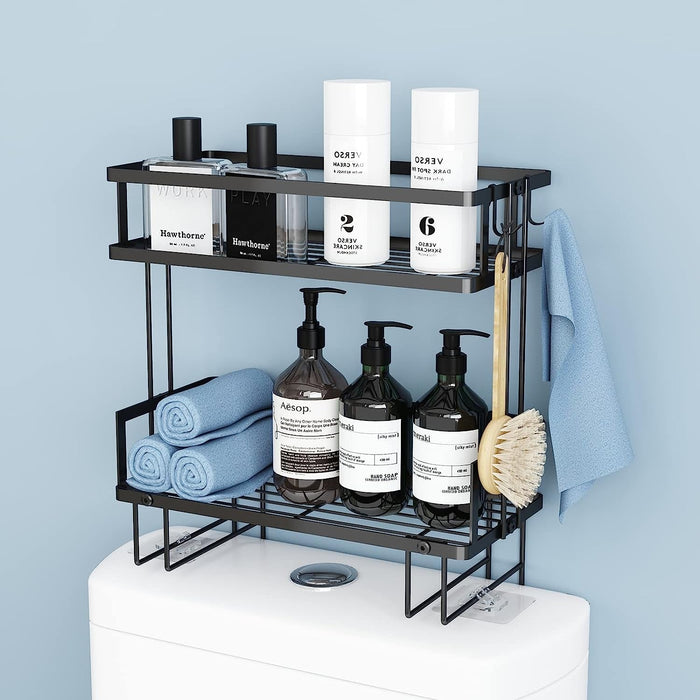 Bathroom over the Toilet Storage Shelf, 2-Tier Bathroom Storage Organizer Shelves, No Drilling Space Saver with Adhesive Base and Hooks (Black)