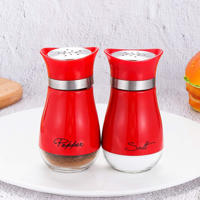 2 Pack Cute Salt and Pepper Shakers Stainless Steel Glass Bottom Spice Dispenser Sea Salt Sugar Shaker Refillable Pepper Shaker Seasoning Cans (Red)