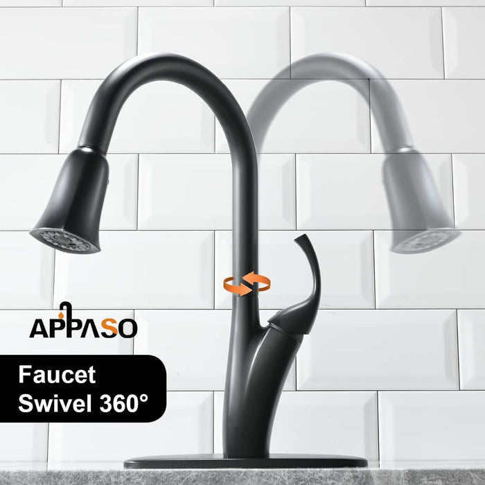 Black Kitchen Faucet with Soap Dispenser and Pull down Sprayer - Single Handle High Arc One Hole Pull Out Kitchen Faucets with Deck Plate Matte Black