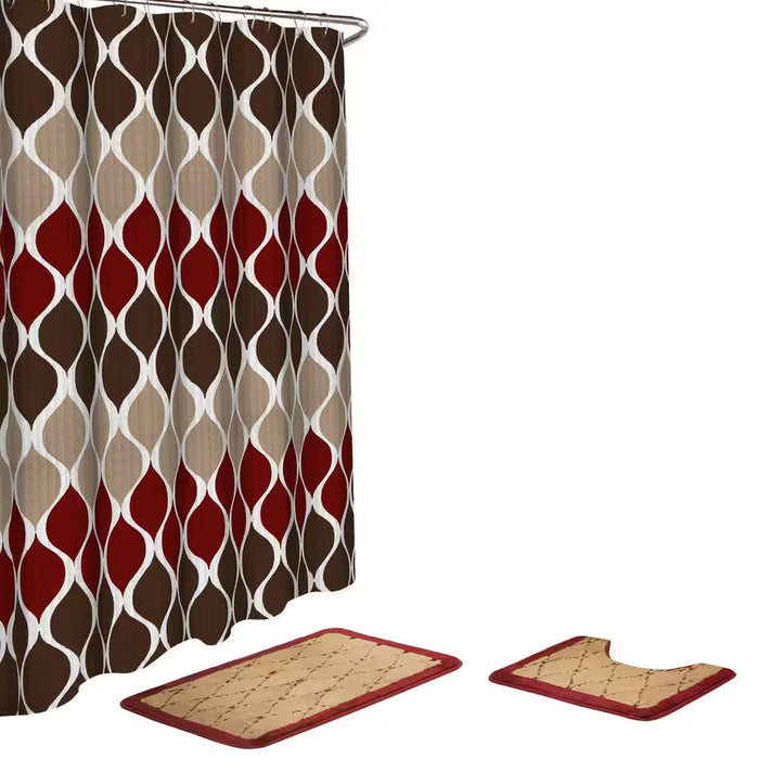 Clarisse Geometric 18 In. X 30 In. 15-Piece Bath Rug and Shower Curtain Set in Espresso