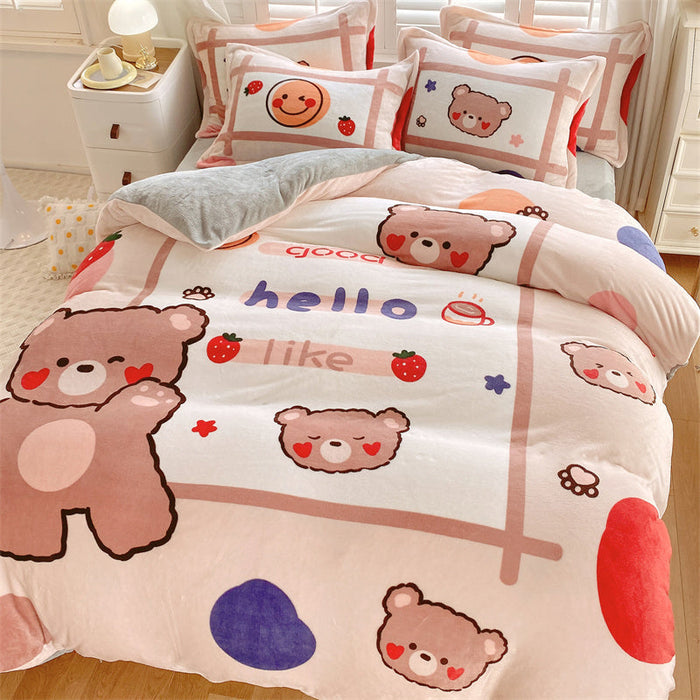 Cute Cartoon Milk Velvet Bedding Set Of Four