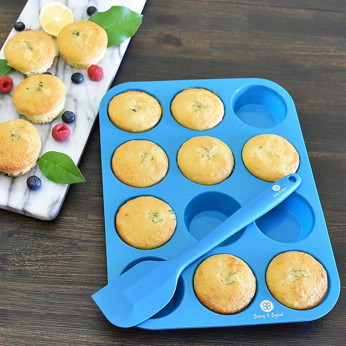 Premium Silicone Muffin Pan - Non Stick Silicone Cupcake Pan - 12 Cup Muffin Tray, 24 Cups Mini Cupcakes Pans - Silicon Muffin Molds - Silicone Baking Set - 2 Spatulas - Recipe E-Book