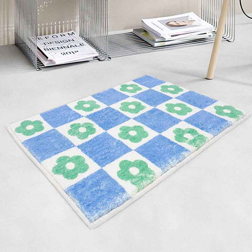 Blue Green Check Flower Bath Mat