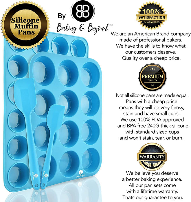 Premium Silicone Muffin Pan - Non Stick Silicone Cupcake Pan - 12 Cup Muffin Tray, 24 Cups Mini Cupcakes Pans - Silicon Muffin Molds - Silicone Baking Set - 2 Spatulas - Recipe E-Book